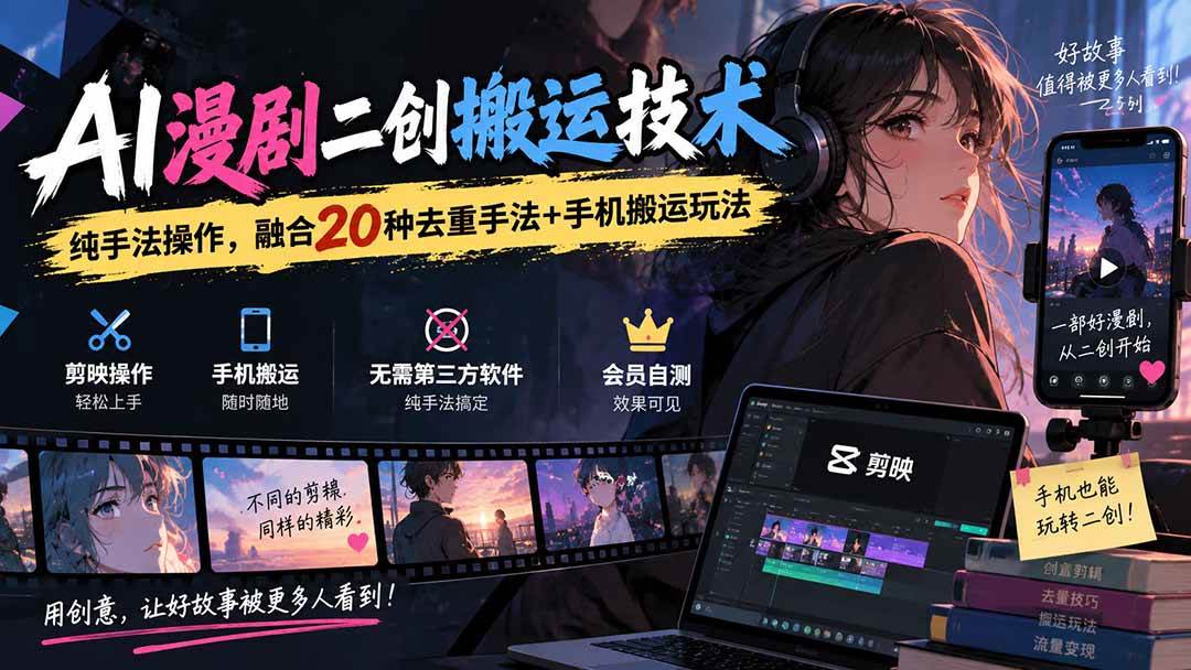 (20551期)AI漫剧二创搬运技术,纯手法操作,融合20种去重手法++手机搬运玩法-雄诗网络资源社区