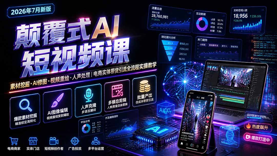 颠覆式AI短视频课｜素材挖掘，AI修图，视频重绘，人声处理｜电商实体带货引流全流程实操教学-雄诗网络资源社区