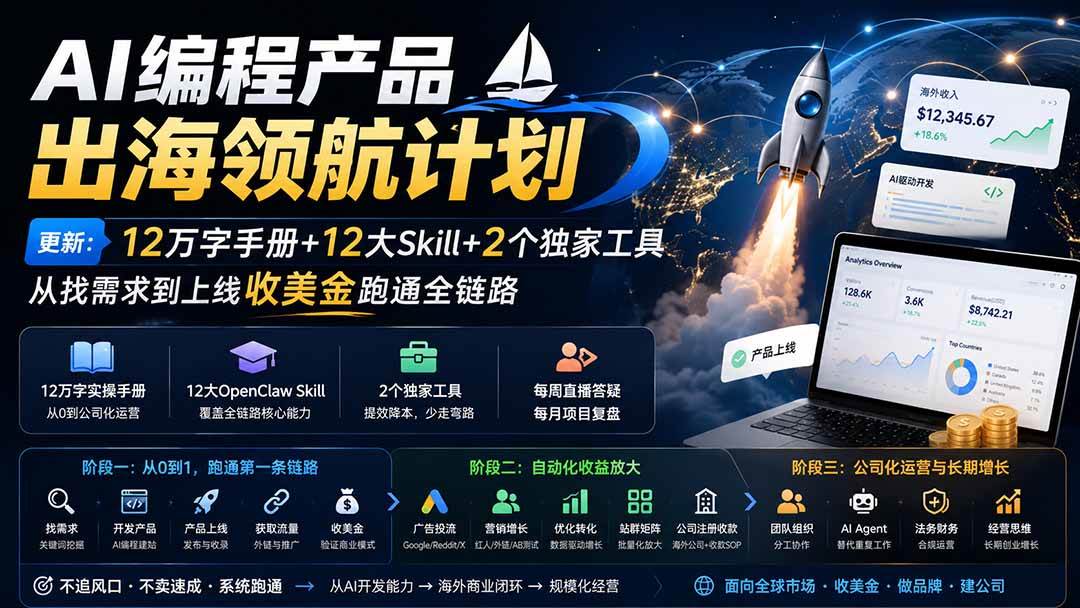 （20099期）AI编程产品出海领航计划-更新：12万字手册+12大Skill+2个独家工具，从找需求到上线收美金跑通全链路-雄诗网络资源社区