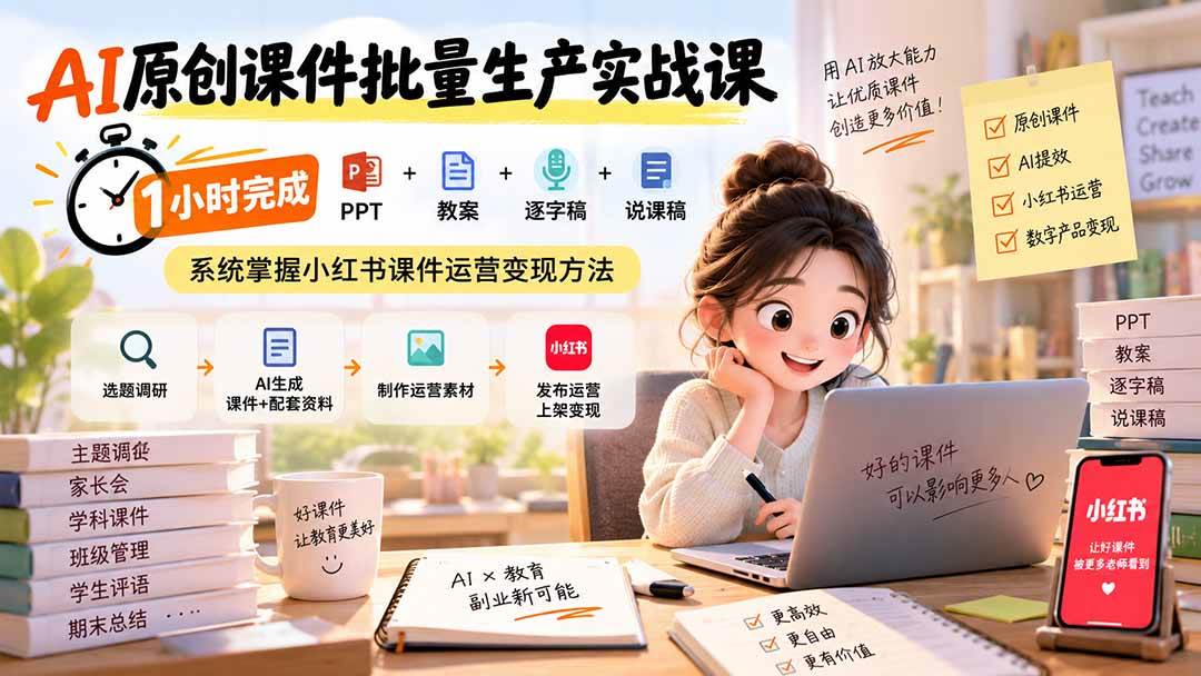 （20351期）AI原创课件批量生产实战课：1小时完成PPT+教案+逐字稿+说课稿，系统掌握小红书课件运营变现方法-雄诗网络资源社区