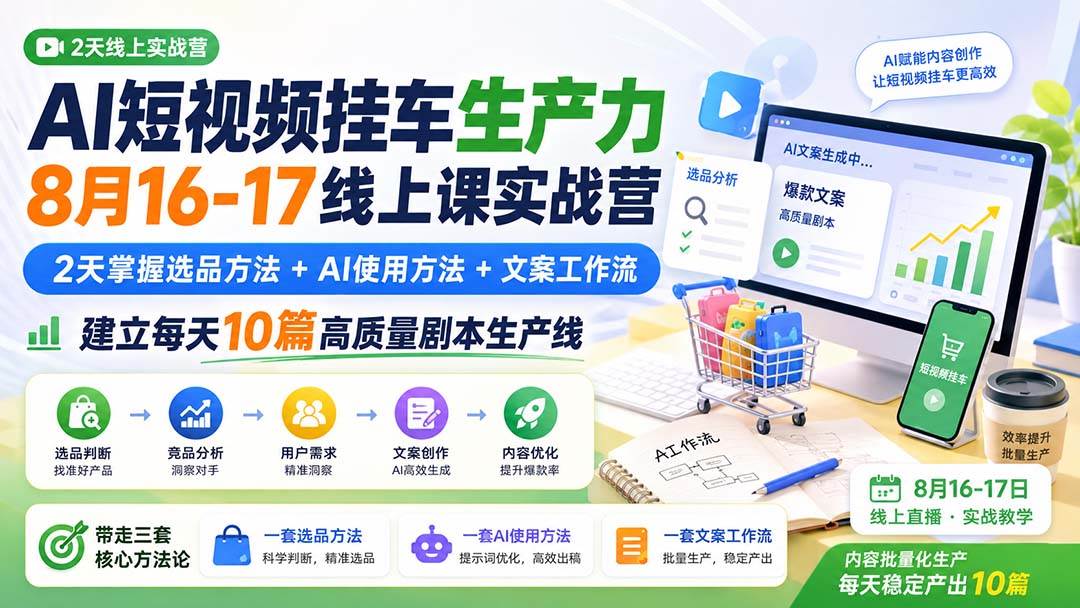 （20174期）AI短视频挂车生产力8月16-17线上课实战营：2天掌握选品方法+AI使用方法+文案工作流，建立每天10篇高质量剧本生产线-雄诗网络资源社区
