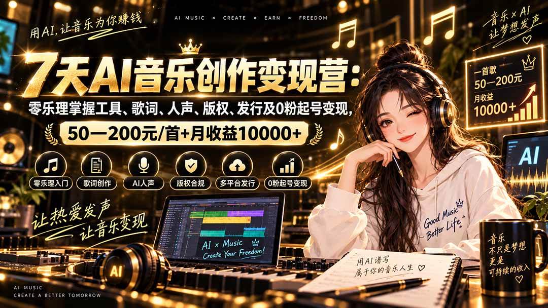 (20442期)AI音乐创作变现营:零乐理掌握工具、歌词、人声、版权、发行及0粉起号变现,50—200元/首+月收益10000+-雄诗网络资源社区