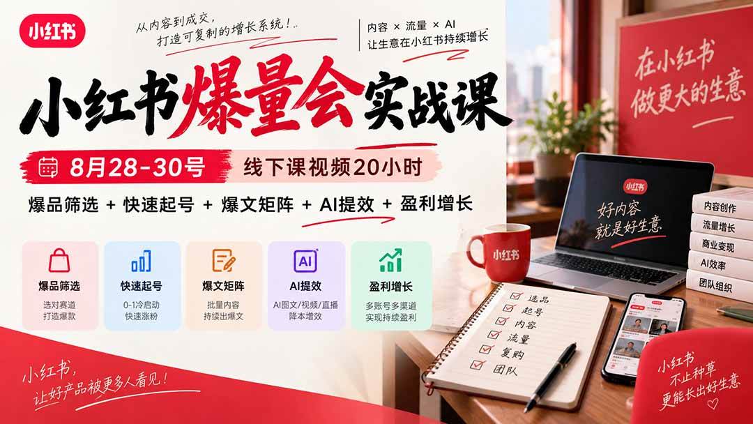 (20359期)小红书爆量会实战课:8月28-30号线下课视频20小时,爆品筛选+快速起号+爆文矩阵+AI提效+盈利增长 (20359期)小红书爆量会实战课:8月28-30号线下课视频20小时,爆品筛选+快速起号+爆文矩阵+AI提效+盈利增长