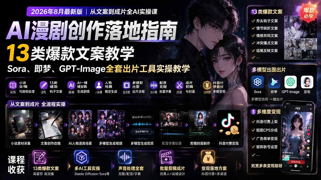 AI漫剧创作落地指南｜13类爆款文案教学，Sora、即梦、GPT-Image全套出片工具实操教学-雄诗网络资源社区