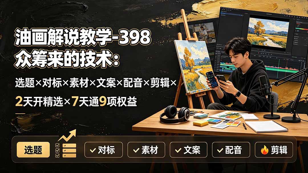 油画解说教学-398众筹来的技术:选题×对标×素材×文案×配音×剪辑×2天开精选×7天通9项权益-雄诗网络资源社区