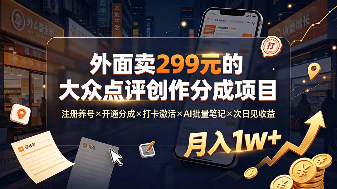 外面卖299元的大众点评创作分成项目:注册养号×开通分成×打卡激活×AI批量笔记×次日见收益,月入1w+-雄诗网络资源社区