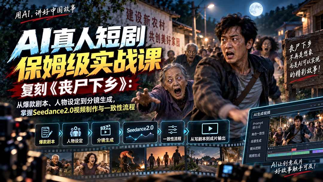 （20360期）AI真人短剧保姆级实战课，复刻《丧尸下乡》：从爆款剧本、人物设定到分镜生成，掌握Seedance2.0视频制作与一致性流程-雄诗网络资源社区