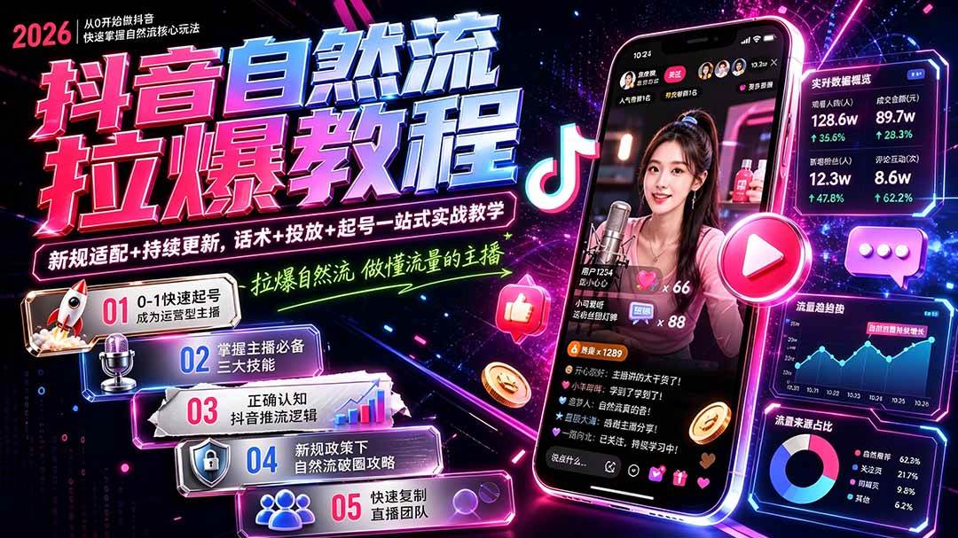 （20226期）抖音自然流拉爆教程-更新8月：做懂流量的主播，新规适配+持续更新，话术+投放+起号一站式实战教学-雄诗网络资源社区