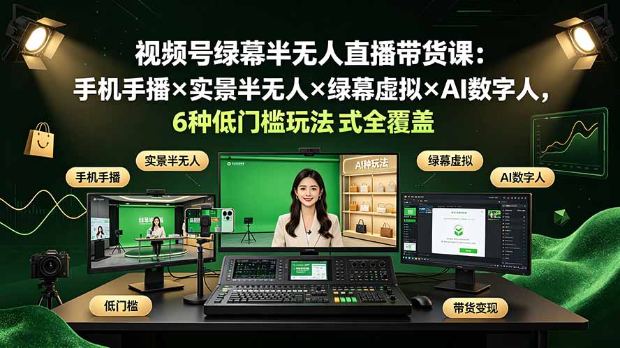 视频号绿幕半无人直播带货课:手机手播×实景半无人×绿幕虚拟×AI数字人,6种低门槛玩法全覆盖-雄诗网络资源社区