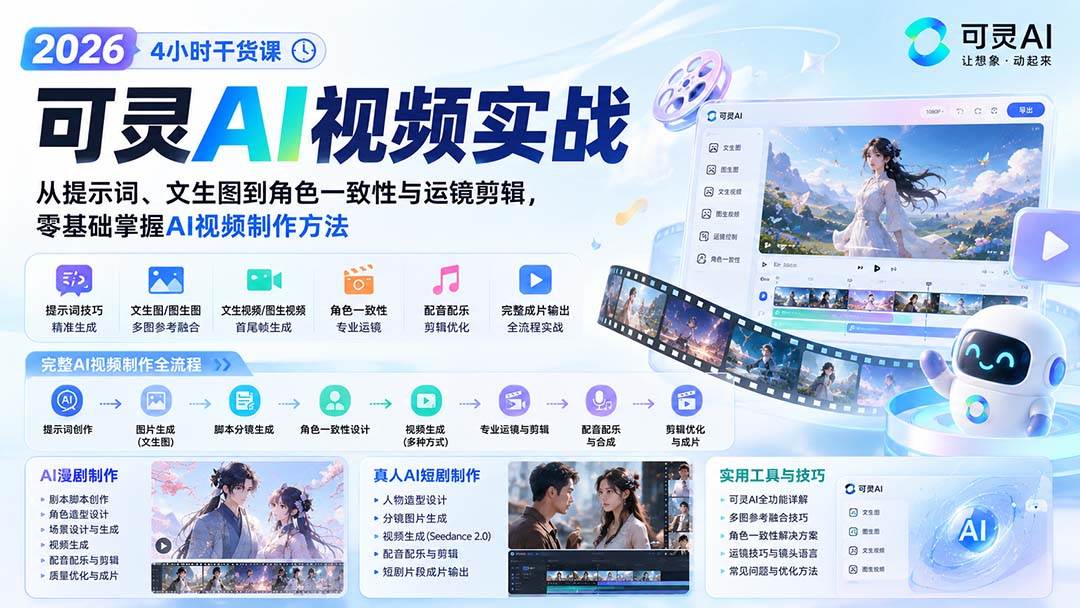 (20136期)2026可灵AI视频实战-4小时干货课:从提示词、文生图到角色一致性与运镜剪辑,零基础掌握AI视频制作方法-雄诗网络资源社区