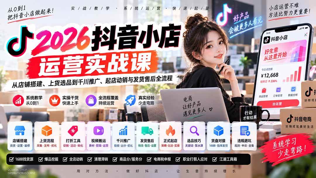 (20568期)2026抖音小店运营实战课|从店铺搭建、上货选品到千川推广、起店动销与发货售后全流程-雄诗网络资源社区