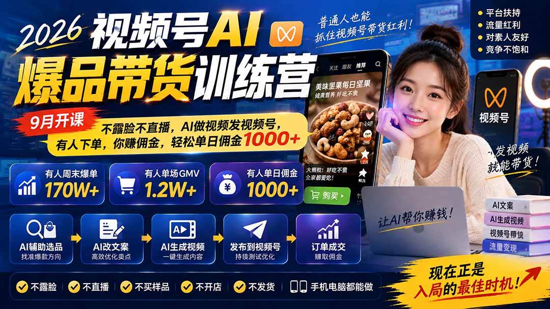 (20537期)2026视频号AI爆品带货训练营-9月开课|不露脸不直播,AI做视频发视频号,有人下单,你赚佣金,轻松单日佣金1000+-雄诗网络资源社区