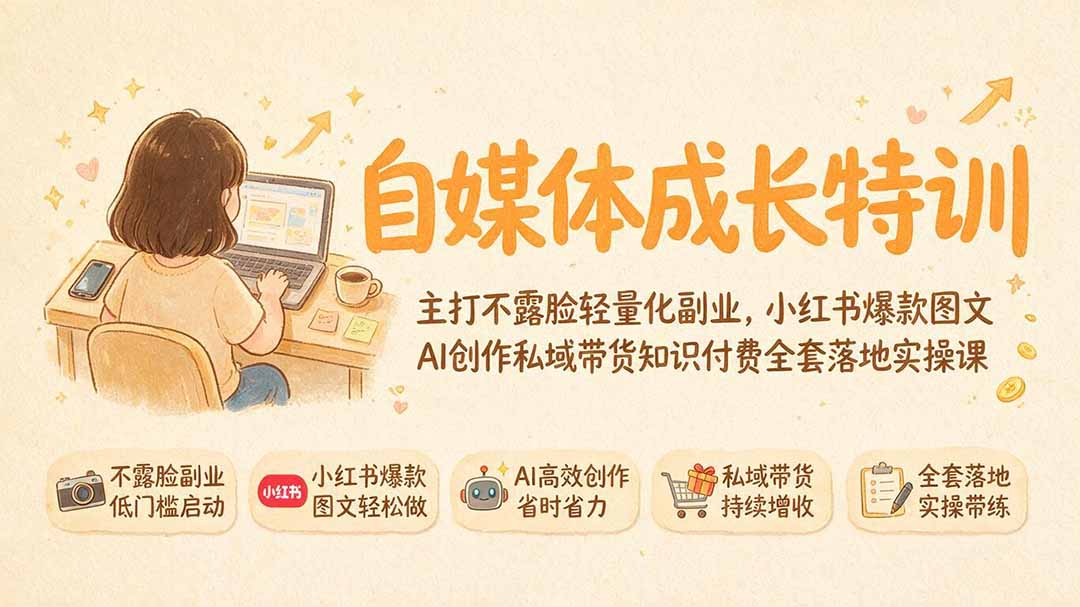 自媒体成长特训|主打不露脸轻量化副业,小红书爆款图文AI创作私域带货知识付费全套落地实操课-雄诗网络资源社区