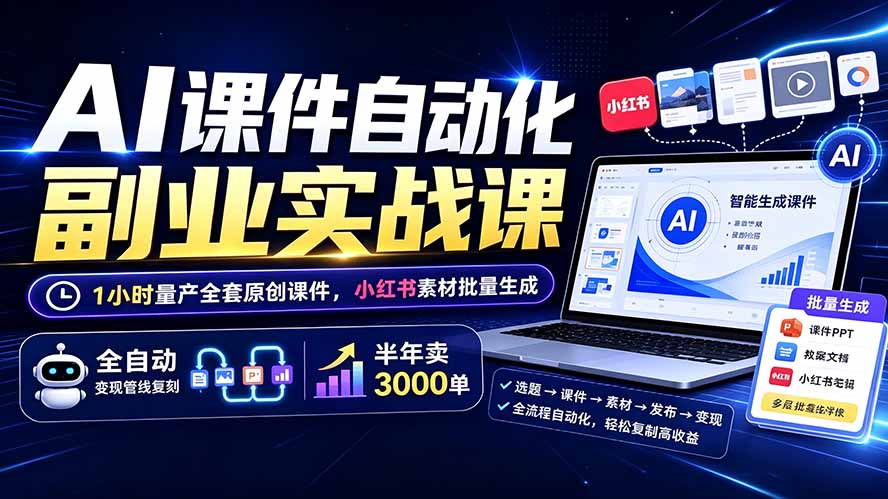 AI课件自动化副业实战课：1小时量产全套原创课件×小红书素材批量生成×全自动变现管线×半年卖3000单-雄诗网络资源社区