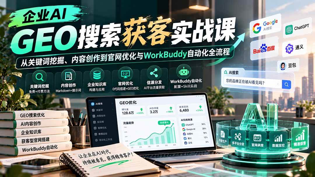 （20643期）企业AI GEO搜索获客实战课：从关键词挖掘、内容创作到官网优化与WorkBuddy自动化全流程-雄诗网络资源社区