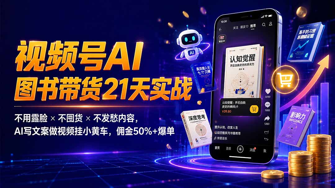 繁花视频号AI图书带货21天实战：不用露脸×不囤货×不发愁内容，AI写文案做视频挂小黄车，佣金50%+爆单-雄诗网络资源社区