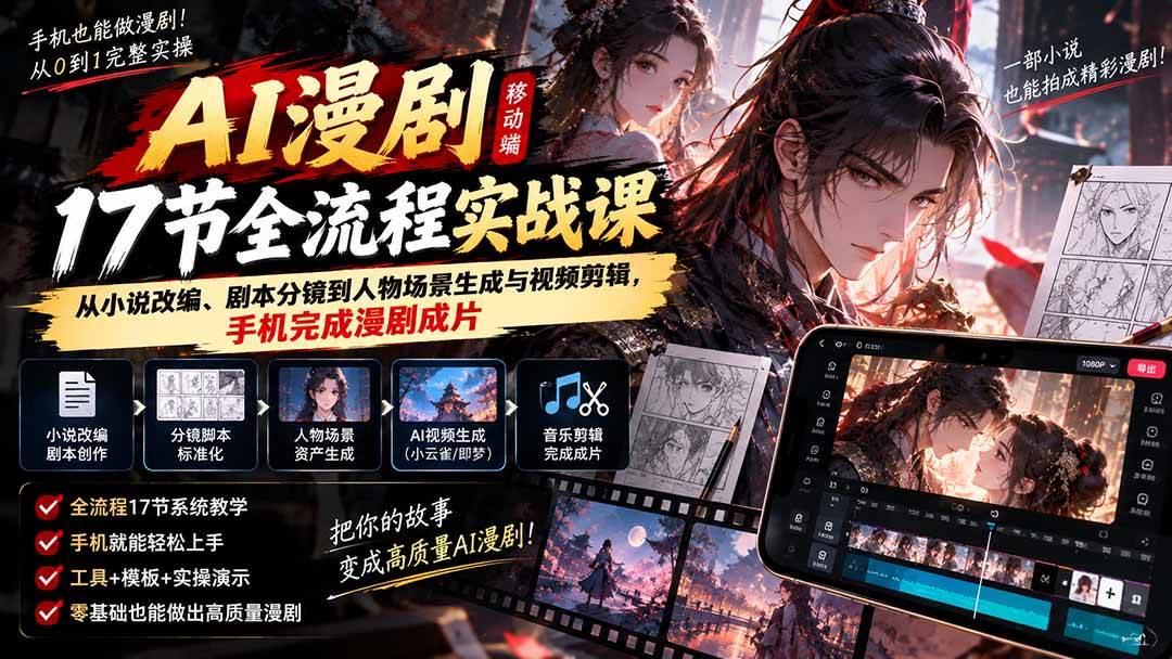 （20624期）AI漫剧移动端17节全流程实战课：从小说改编、剧本分镜到人物场景生成与视频剪辑，手机完成漫剧成片-雄诗网络资源社区