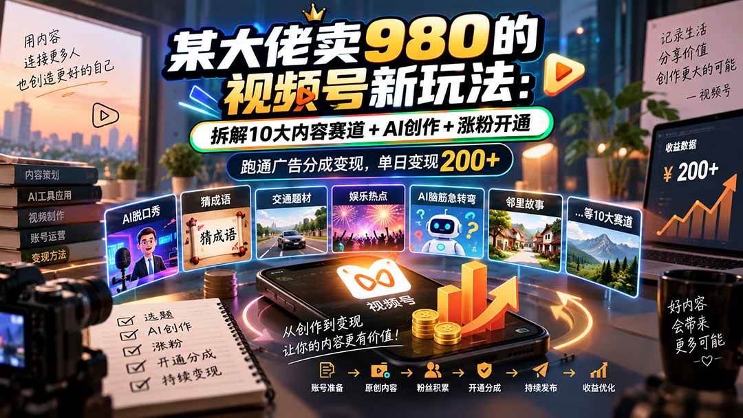 (20573期)某大佬卖980的视频号新玩法:拆解10大内容赛道+AI创作+涨粉开通,跑通广告分成变现,单日变现200+-雄诗网络资源社区