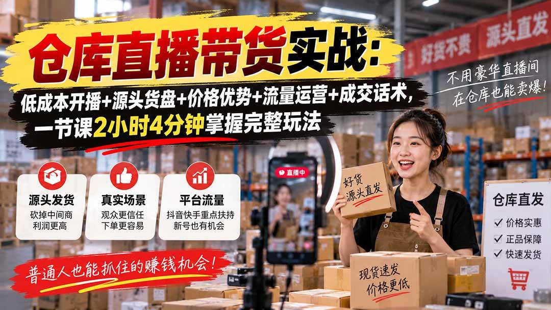 （20471期）仓库直播带货实战：低成本开播+源头货盘+价格优势+流量运营+成交话术，一节课2小时4分钟掌握完整玩法-雄诗网络资源社区