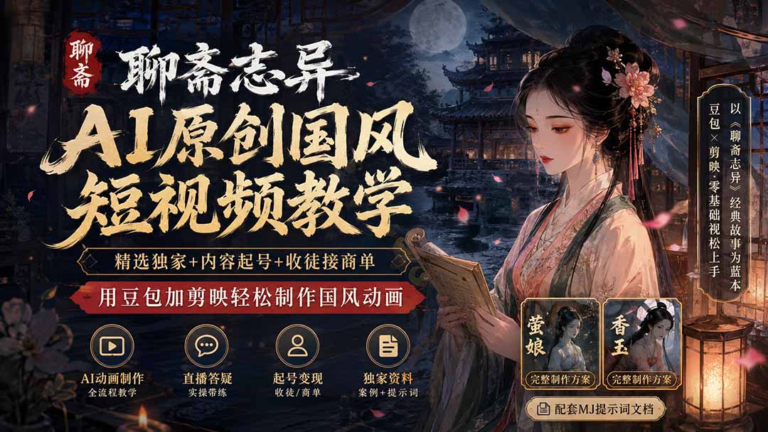 聊斋志异AI原创国风短视频教学;精选独家+内容起号+收徒接商单,用豆包加剪映轻松制作国风动画-雄诗网络资源社区