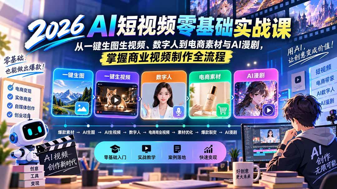（20263期）2026AI短视频零基础实战课：从一键生图生视频、数字人到电商素材与AI漫剧，掌握商业视频制作全流程-雄诗网络资源社区