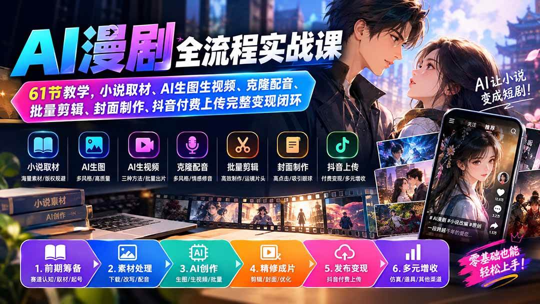 (20199期)AI漫剧全流程实战课|61节教学,小说取材、AI生图生视频、克隆配音、批量剪辑、封面制作、抖音付费上传完整变现闭环-雄诗网络资源社区