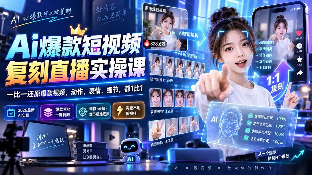 （20304期）最新Ai爆款短视频复刻直播实操课，一比一还原爆款视频，动作，表情，细节，都1比1-雄诗网络资源社区