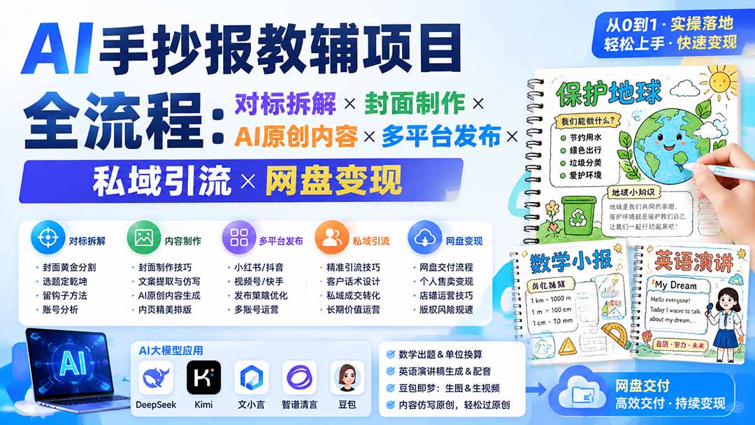 AI手抄报教辅项目全流程：对标拆解×封面制作×AI原创内容×多平台发布×私域引流×网盘变现-雄诗网络资源社区