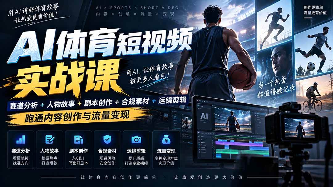 （20515期）AI体育短视频赛道顶级玩法｜赛道分析+人物故事+剧本创作+版权处理+运镜剪辑，跑通流量变现-日赚1K+-雄诗网络资源社区