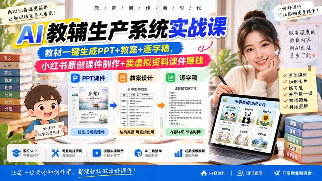 (20583期)AI教辅生产系统实战课-更新0922|教材一键生成PPT+教案+逐字稿,小红书原创课件制作+卖虚拟资料课件赚钱-雄诗网络资源社区