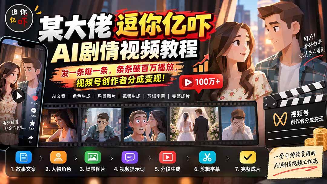 （20388期）某大佬逗你亿吓AI低模剧情视频制作教程：发一条爆一条，条条破百万播放，利用视频号创作者分成变现!-雄诗网络资源社区