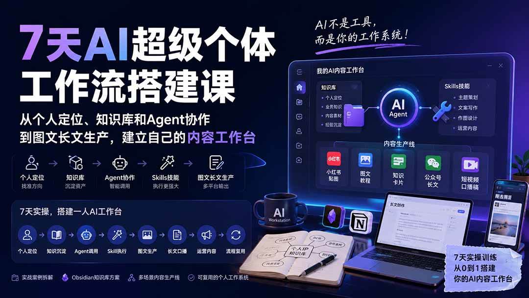 （20190期）7天AI超级个体工作流搭建课：从个人定位、知识库和Agent协作到图文长文生产，建立自己的内容工作台-雄诗网络资源社区