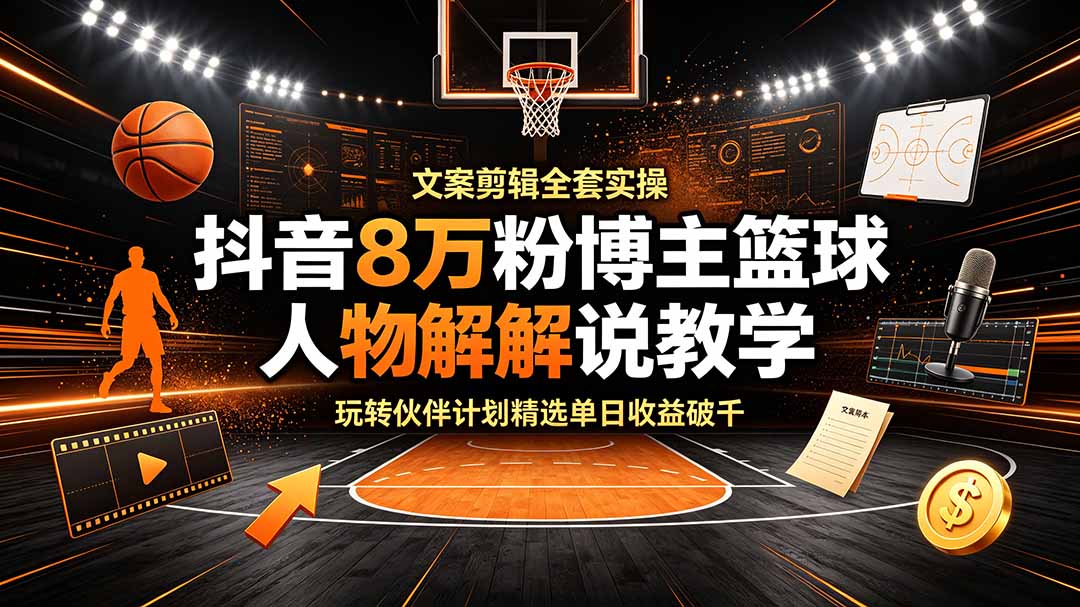抖音8万粉博主篮球人物解说教学,文案剪辑全套实操,玩转伙伴计划精选单日收益破千-雄诗网络资源社区
