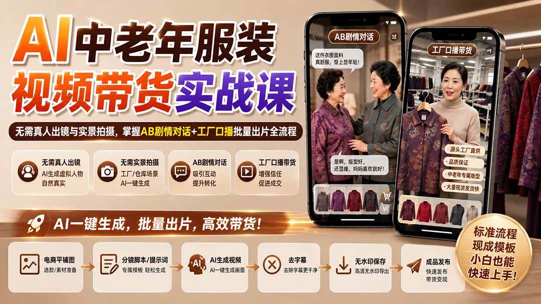 （20198期）AI中老年服装视频带货实战课：无需真人出镜与实景拍摄，掌握AB剧情对话+工厂口播批量出片全流程-雄诗网络资源社区
