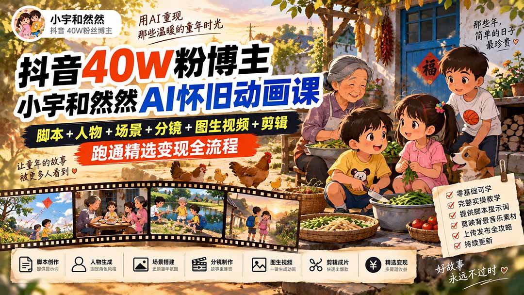 (20549期)抖音40W粉博主小宇和然然AI怀旧动画课|脚本+人物+场景+分镜+图生视频+剪辑,跑通精选变现全流程-雄诗网络资源社区