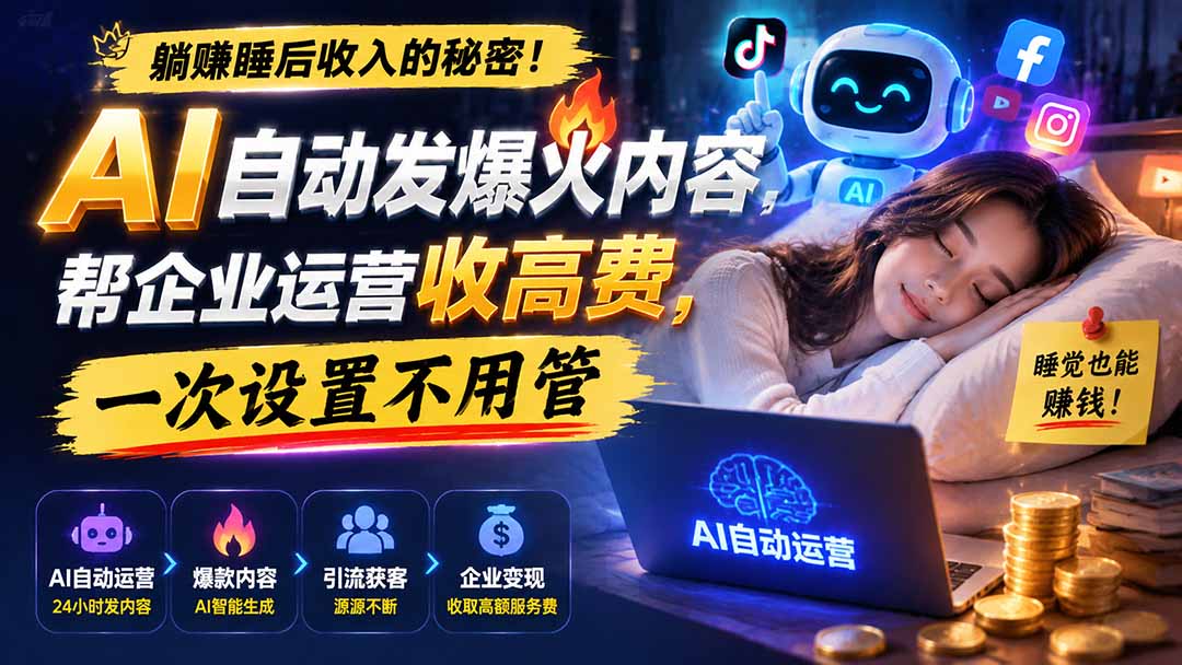 躺赚睡后收入的秘密！AI 自动发爆火内容，帮企业运营收高费，一次设置不用管【原创双语字幕】-雄诗网络资源社区