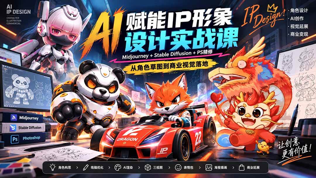 (20552期)AI赋能IP形象设计实战课-无水印:Midjourney+Stable Diffusion+PS精修,从角色草图到商业视觉落地-雄诗网络资源社区