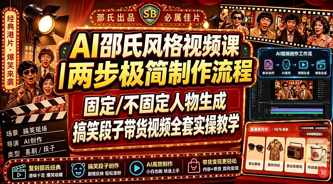 AI邵氏风格视频课｜两步极简制作流程，固定/不固定人物生成，搞笑段子带货视频全套实操教学-雄诗网络资源社区