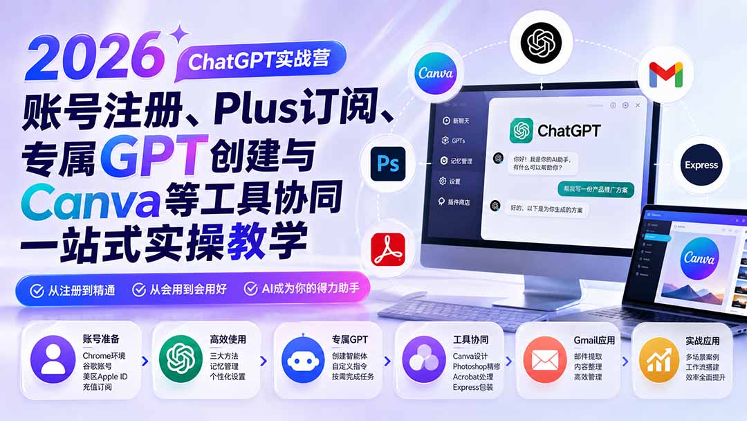 2026 ChatGPT实战营；账号注册、Plus订阅、专属GPT创建与Canva等工具协同一站式实操教学-雄诗网络资源社区