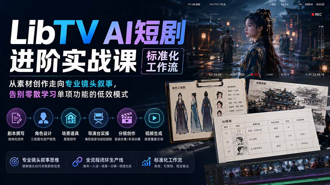 LibTV AI短剧进阶实操课标准化工作流；从素材创作走向专业镜头叙事，告别零散学习单项功能的低效模式-雄诗网络资源社区