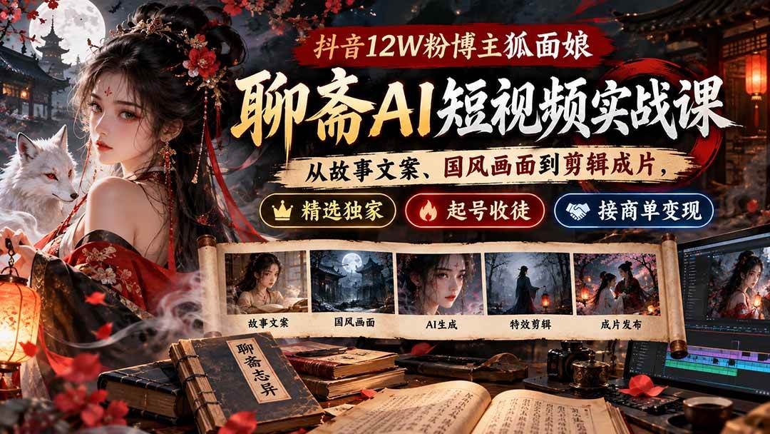 （20639期）抖音12W粉博主狐面娘-聊斋AI短视频实战课：从故事文案、国风画面到剪辑成片，精选独家+起号收徒+接商单变现-雄诗网络资源社区