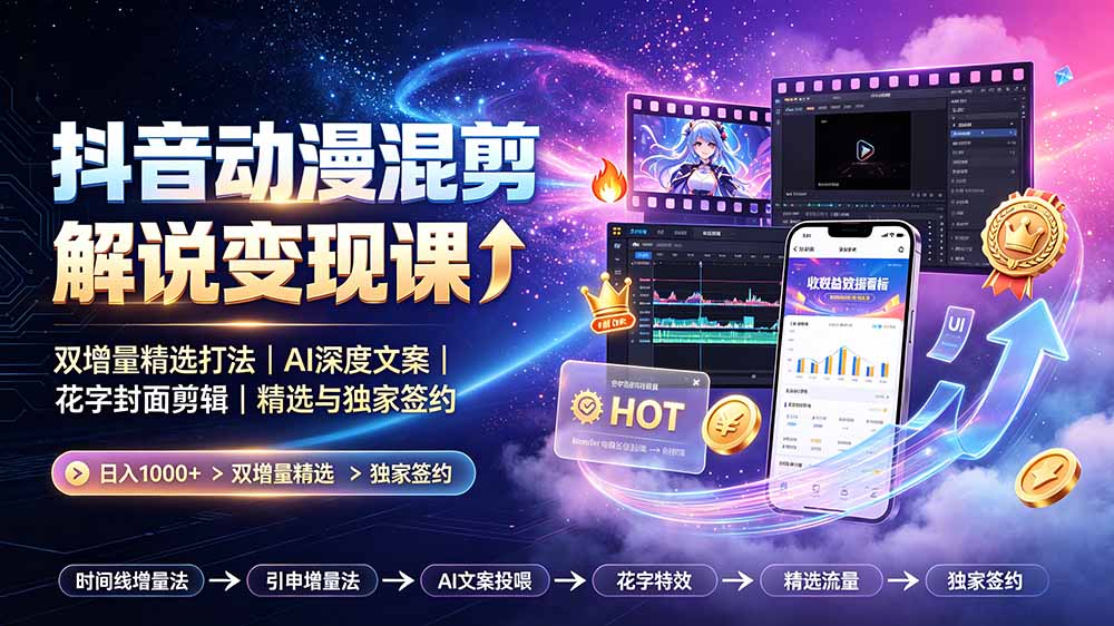 抖音动漫混剪解说变现课：双增量精选打法｜AI深度文案｜花字封面剪辑｜ 精选与独家签约日入1000+-雄诗网络资源社区