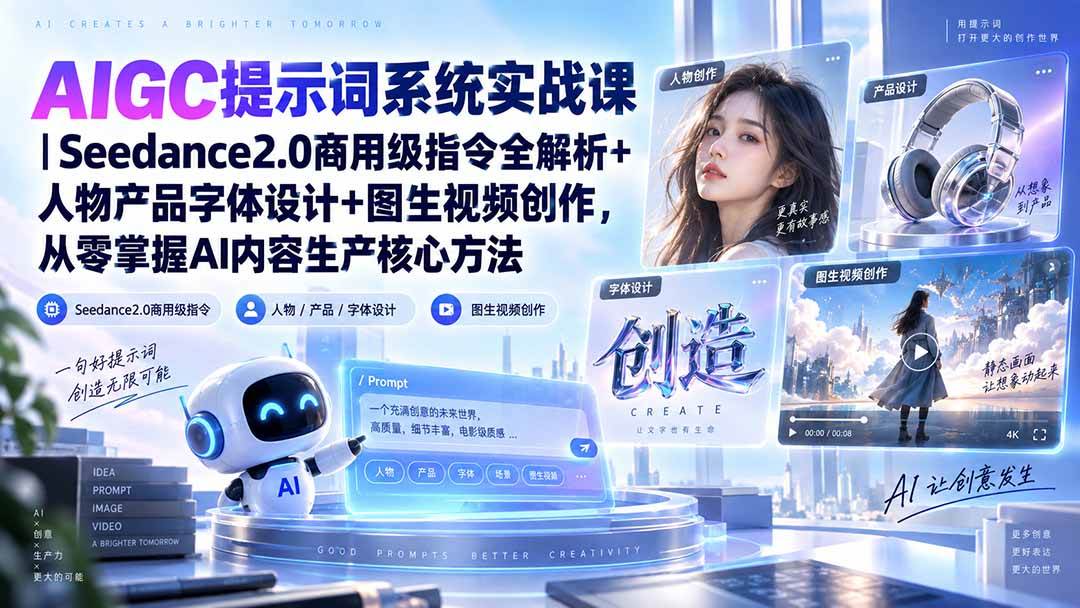 (20559期)AIGC提示词系统实战课-无水印|Seedance2.0商用级指令全解析+人物产品字体设计+图生视频创作,掌握AI内容生产方法-雄诗网络资源社区