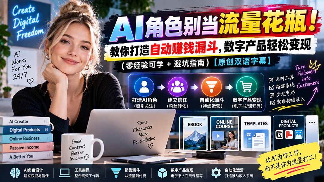 （20475期）AI角色别当流量花瓶！教你打造自动赚钱漏斗，数字产品轻松变现（零经验可学+避坑指南）【原创双语字幕】-雄诗网络资源社区