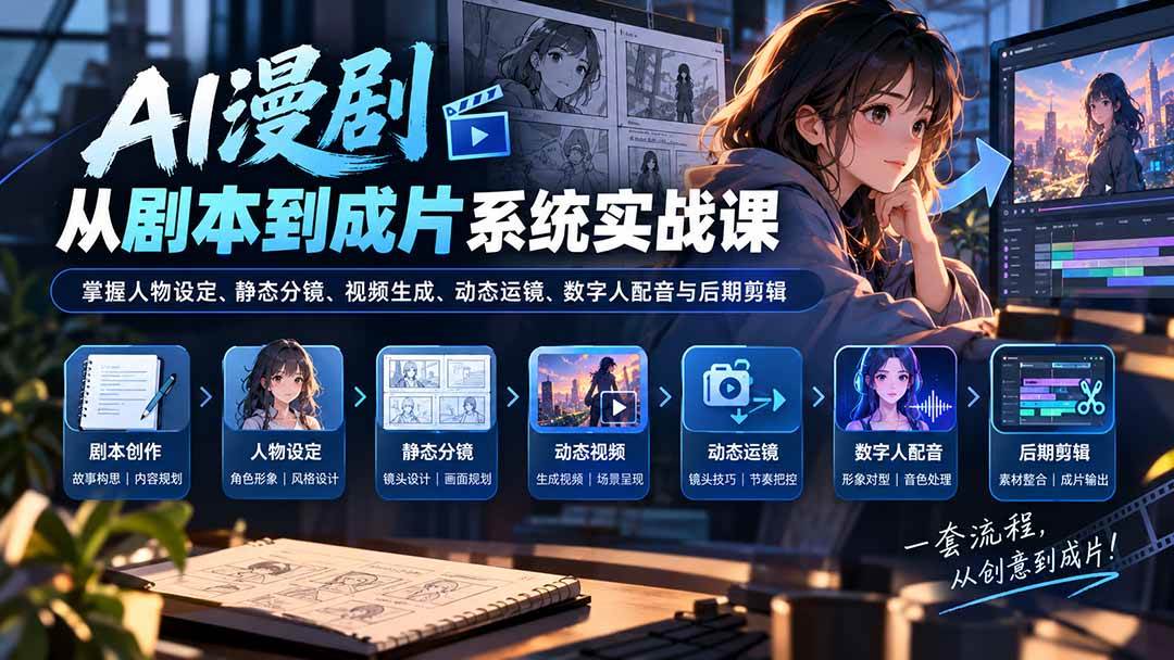(20375期)AI漫剧从剧本到成片系统实战课:掌握人物设定、静态分镜、视频生成、动态运镜、数字人配音与后期剪辑-雄诗网络资源社区