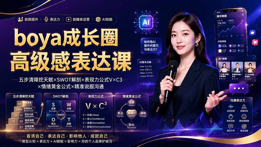 boya成长圈｜内心成长高级表达AI自媒体三合一，消解内耗挖掘天赋，镜头沟通AI指令短视频全流程教学-雄诗网络资源社区
