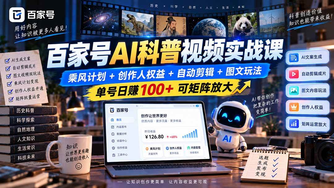 （20579期）百家号AI科普视频实战课：乘风计划+创作人权益+自动剪辑+图文玩法，单号日赚100+可矩阵放大