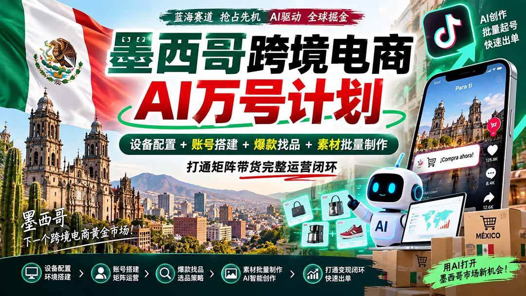 （20500期）墨西哥AI跨境电商万号计划｜设备配置+账号搭建+爆款找品+素材批量制作，打通矩阵带货完整运营闭环-雄诗网络资源社区
