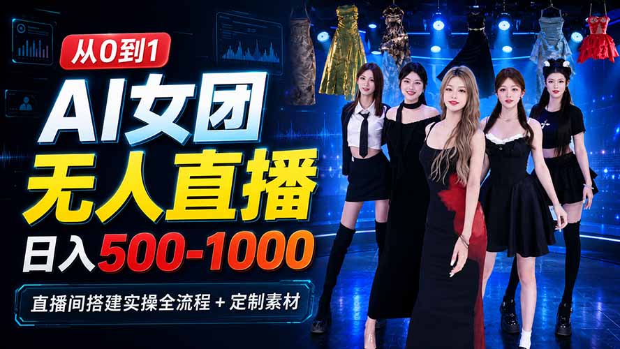 AI 女团无人直播，躺入500-1000每天，直播间搭建实操全流程+定制素材-雄诗网络资源社区