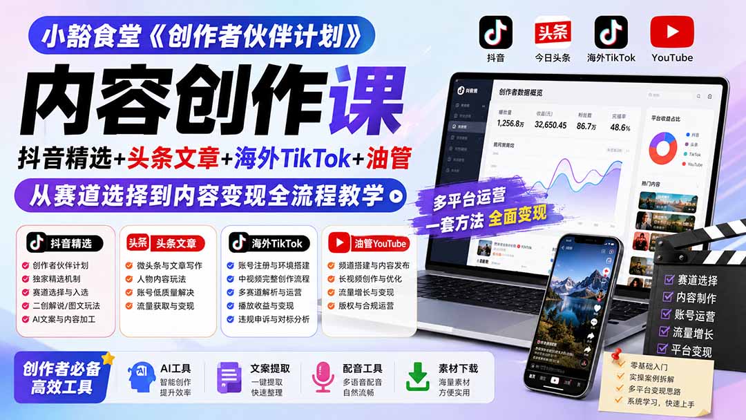 小豁食堂《创作者伙伴计划》内容创作课：抖音精选+头条文章+海外TikTok+油管，从赛道选择到内容变现全流程教学-雄诗网络资源社区